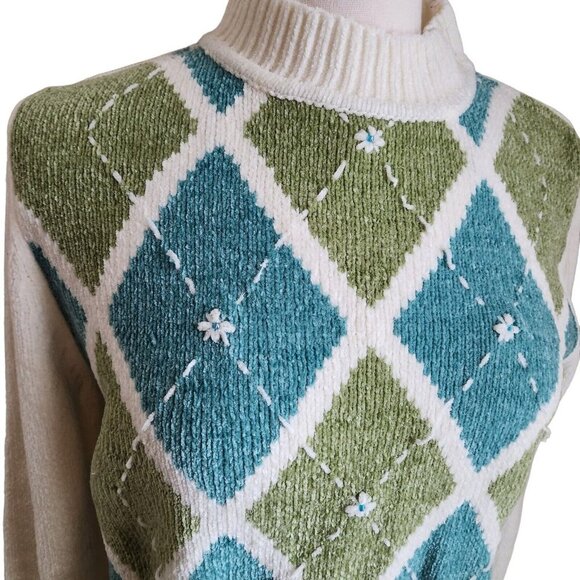 VTG Alfred Dunner Womens Chenille Sweater Small Multi Floral Beaded Rubbed Cuffs - Picture 4 of 11